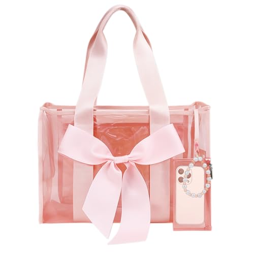 URZCT Jelly Tote Bag,Beach Tote Bag for Women,Pink Beach Bag with Bow,Large Waterproof Zipper Bag