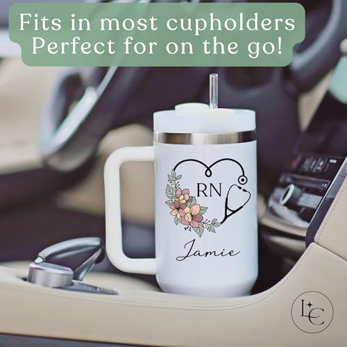 Personalized RN Registered Nurse 40oz Tumbler with Floral Stethoscope & Custom Name – Stainless Steel Insulated Travel Mug...