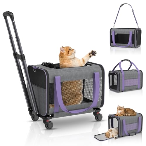 Cat Carrier on Wheels Airline Approved: Betopet Rolling Cat Carrier for Small Dog Medium Cat Under 18lbs - Cat Soft Carrie...