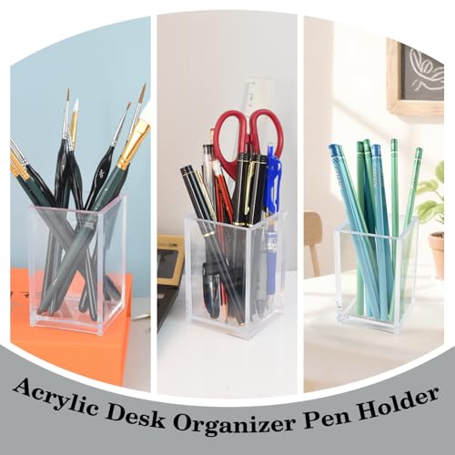 20 Pack Clear Acrylic Pen Holder for Desk, Pencil Cup Makeup Brush Organizer, Square Acrylic Pencil Holders for Office Sch...