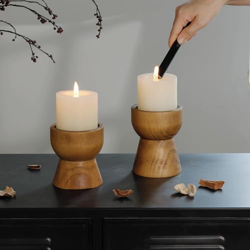 NIKKY HOME Farmhouse Wooden Candle Holders Set of 2, Rustic Solid Wood Pillar Candlesticks Pedestal, Fireplace Mantle Tabl...