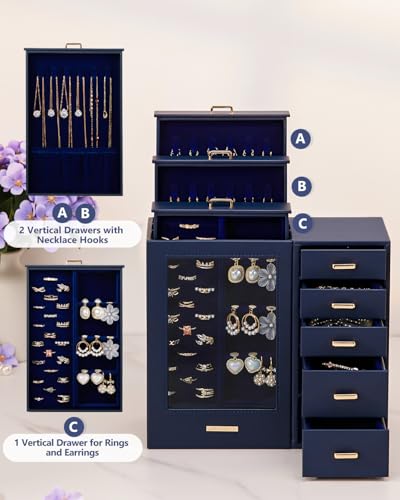 Homde Large Jewelry Box/Organizer/Case with Glass Window, Drawers for Necklaces Earrings Rings Bracelets Watches Gift for ...