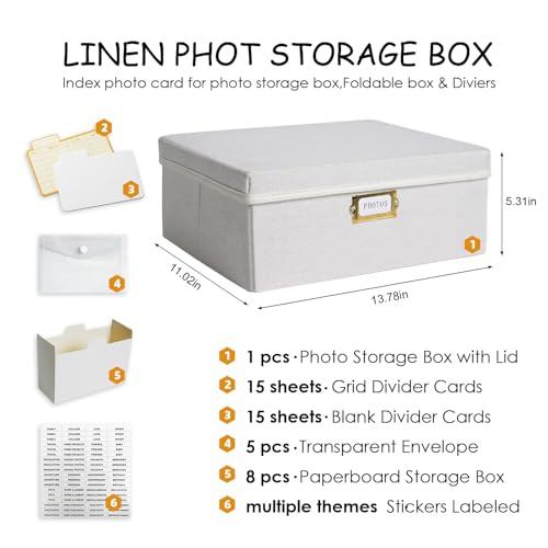 LEARNIBEE Decorative Photo Storage Box, Sturdy Linen Photo Organizer with Dividers & Envelopes, Holds Up to 1700 Pictures ...