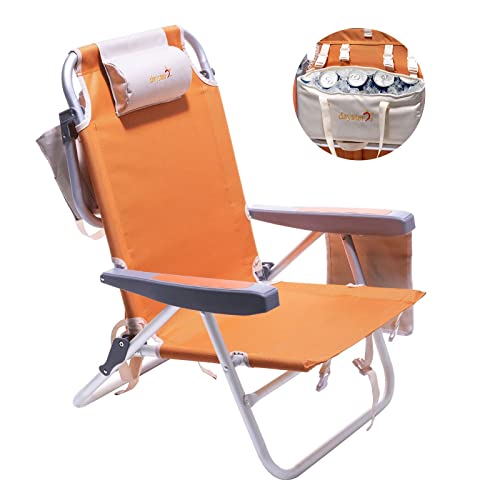SUNNYFEEL Low Beach Chair, 5-Position Lay Flat Reclining, Backpack Portable Folding Chair with Cooler Bag & Cup Holder, He...