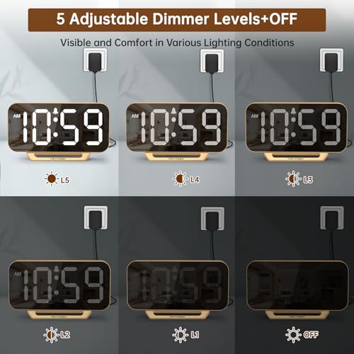 Peakeep Slim Digital Mirror Aesthetic Alarm Clock for Bedrooms Desk Decor - Plug in Electric Big LED Modern Small Clock fo...