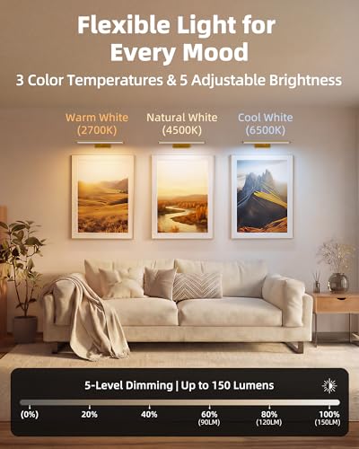 EZVALO Picture Light for Wall, 4800mAh Rechargeable Wireless Remote, 16in Dimmable Magnetic LED Art Display Light with 3 C...