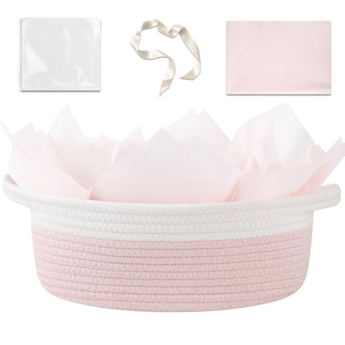 OIAHOMY Gift Basket Empty with Handle, 12"x 8"x 5" Small Woven Basket with Gift Bag, Ribbon and Wrap Tissue Paper, Dog Toy...