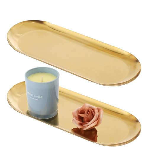 2Pack Gold Decorative Trays Bathroom Vanity Tray for Dresser Counter, Stainless Steel Jewelry Dish Cosmetics Organizer, Pe...