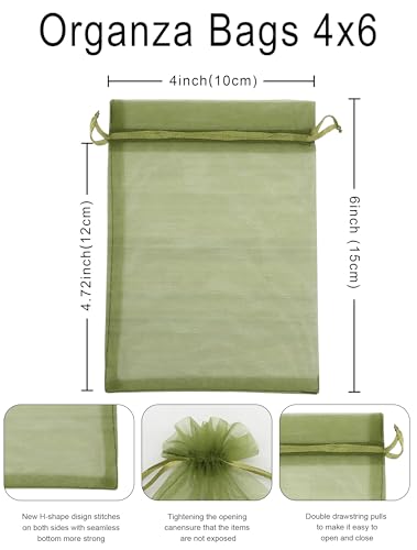 Jexila 100PCS Organza Bags 4''X6'' Olive Green Small Mesh Gift Bags with Drawstring for Jewelry, Party Favor, Candy, Fruit...