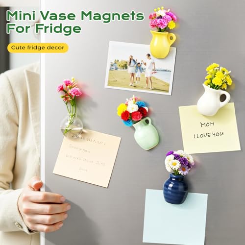 Renmxj 8 Pcs Refrigerator Magnets - Cute Mini Ceramic Vase Fridge Magnets with Artificial Flowers, Funny Tiny Vase Magnet ...