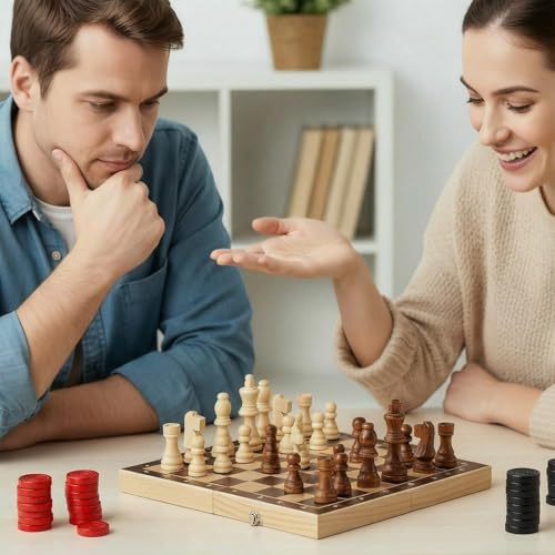 Sumind 80 Pieces Wooden Checkers Pieces 2 in 1 Handcrafted Chess with Drawstring Storage Pouch Wooden Chess Game Set Board...