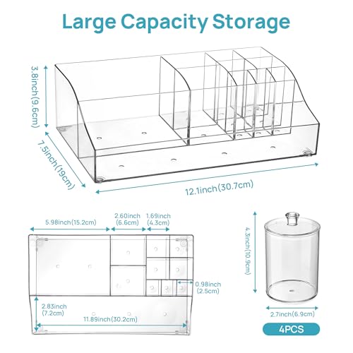 Vtopmart 5 PCS Bathroom Countertop Organizer, 1 Divided Tray with 4 Qtip Holder Jars, Restroom Clear Organizers for Toothb...