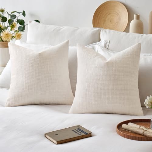 MIULEE Burlap Linen Throw Pillow Covers 18x18 Inch Set of 2 Cream White Christmas Decorative Pillows Modern Farmhouse Soft...