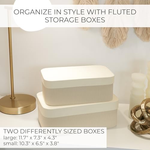 Decorative Storage Boxes with Lids – Set of 2 Beautiful Fluted Cardboard Organizer Bins for Your Home Bookshelf Decor to S...