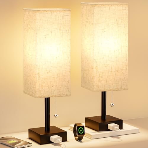 Bedside Table Lamps for Bedroom Set of 2 - Small Rectangular Nightstand Lamp with AC Outlet Charging Port, 3 Color Tempera...
