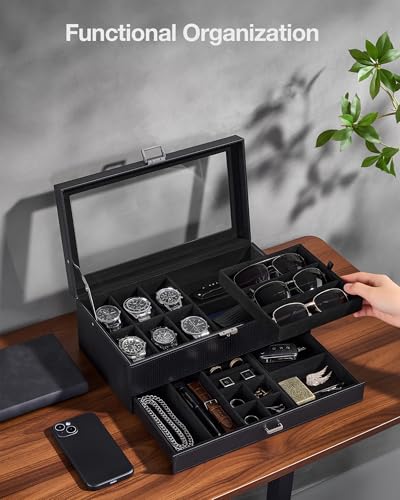 ProCase Mens Jewelry Box, Lockable 6 Slot Watch Case & 3 Slot Sunglasses Organizer, 2-layer Mens Jewelry Organizer Watch B...