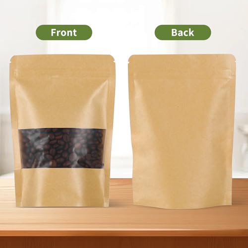 50 Pcs 4x6 Inch Kraft Paper Bags with Transparent Window, Stand Up Pouches,Smell Proof Bags,Resealable Bags for Small Busi...