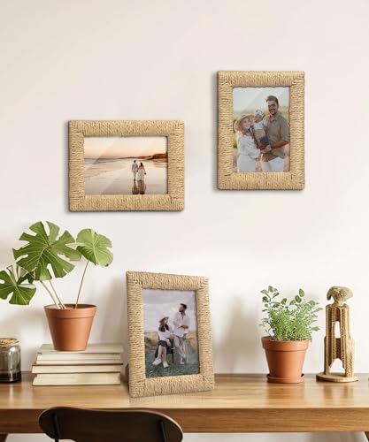 takfot Boho 5x7 Picture Frame, Natural Boho Rattan Photo Frame with Real Glass Paper Rope for Wall and Tabletop Display Mo...