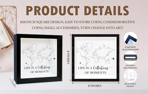 Black Travel Shadow Box Frame with Slot, Life is A Collections of Moments Boxes Frames for Fund, 8x8 Memory Box for Keepsa...