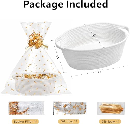 SUNCOLOR Small Woven Gift Basket Set with Cut Paper Shred Filler, Pull Bow & Cellophane Bag, 12x8x5 Inch Durable Cotton Ro...