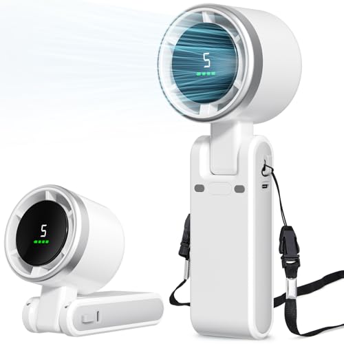 Azdedut Portable Fan, Mini Fan, Handheld Turbo Fan, Portable Rechargeable Fan, 5-Speed, LED Display, Foldable Design (White)