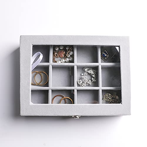 Frebeauty Jewelry Organizer Tray with Clear Lid, 12 Grid Velvet Drawer Insert Storage Box with Transparent Lid Display Cas...