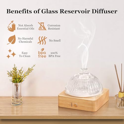 Lecdura Glass Essential Oil Diffuser with Glass Reservoir & WoodBase, 200ml Ultrasonic Lock Color Timer Auto-Off 7 Color L...