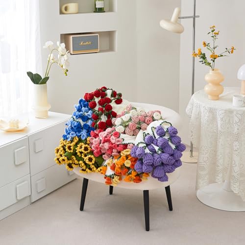 Crochet Flower Bouquet Throw Blanket, Handmade Knitted Blanket with Rose Flowers, Cute Romantic Gift for Her Girlfriend Mo...