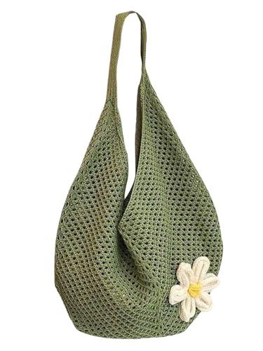 OYOANGLE Women's Floral Applique Crochet Beach Tote Bag Summer Boho Mesh Woven Tote Bag