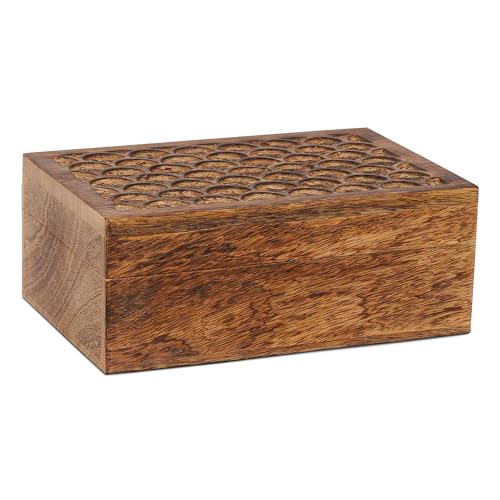 Carved Scallop Mango Wood Box with Lid - Medium Burnt Large Wooden Box - Handmade Decorative Box with Lid for Use As Memor...