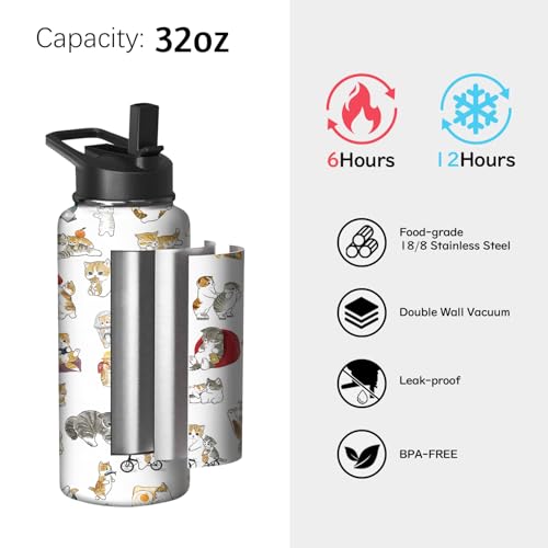 32oz Cat Water Bottle with Handle and Flip Straw, Pixel Sports Stainless Steel Insulated Cup Travel Coffee Mug Tumbler, Bi...