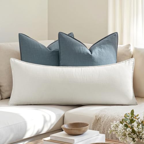 MIULEE Decorative Long Lumbar Throw Pillow Cover for Bed 14x36 Cream White Boho Farmhouse Neutral Couch Pillowcase Pack of...