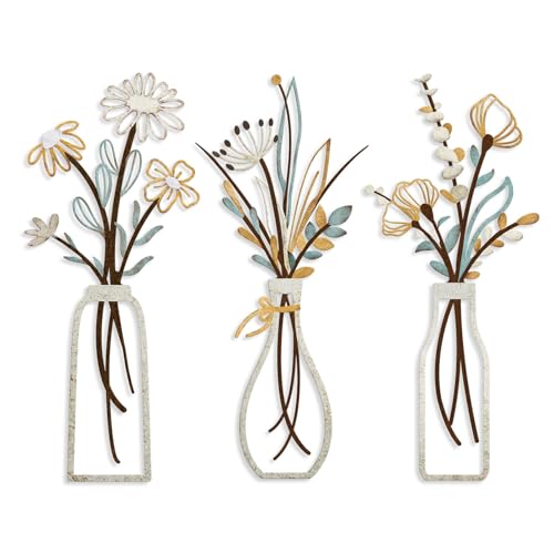 Pigort 3 Pieces Metal Flowers Wall Art- Rustic Farmhouse Decor Minimalist Decor for Living Room Bathroom Bedroom Dining Ro...