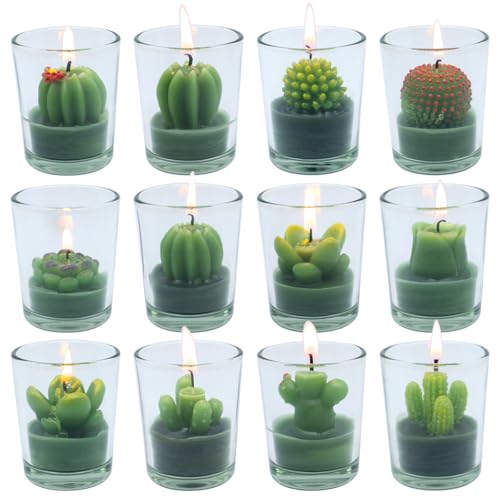 12 Pcs Decorative Succulent Cactus Tealight Candle Set - Handmade Mini Glass Holders, Decorative Votive Candles for House-...