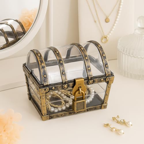 Treasure Chest Box, Small Pirate Treasure Case with Lock and Key, Transparent Jewelry Storage Container Display Toy Candy ...