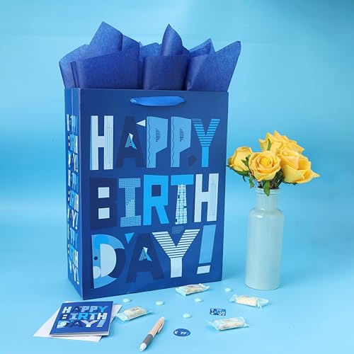 wishinside 16.5” Extra Large Blue Gift Bags Set with Greeting Card and Tissue Papers (Blue Happy Birthday) for Men's Birth...