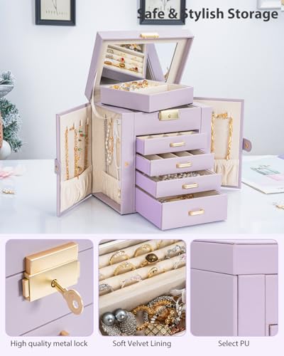 AKOZLIN 5-Tier Jewelry Box Leather Jewelry Storage Organizer with 4 Drawers Lockable for Women Girls Ring Necklace Earring...