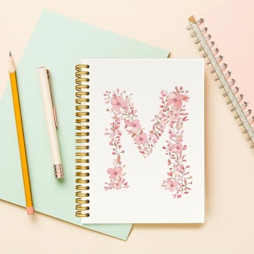 QROZIAR Pink Cute Spiral Notebook Journal, Preppy Floral Initial Letter M Personalized Journaling Notebooks, Monogrammed G...