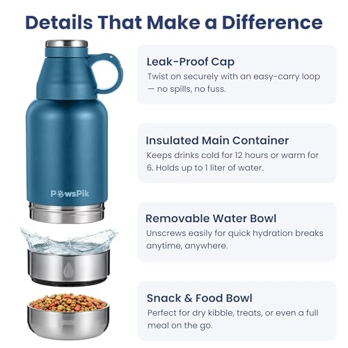 PawsPik 32oz 3-in-1 Travel Dog Water Bottle & Bowl Set – Stainless Steel Vacuum-Insulated Bottle with Detachable Food & Wa...