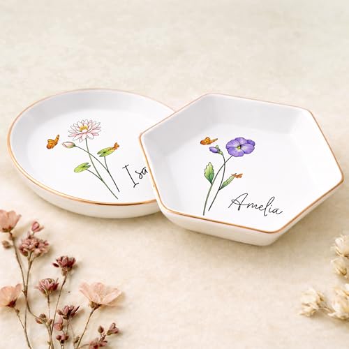 Personalized Birth Month Flower Trinket Tray for Women, Custom Jewelry Dish Birthday gifts for Women, Customized Birth Mon...