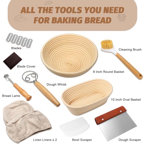 Sourdough Proofing Basket Gift Set, 9" Round and 10" Oval Banneton Bread Baking Supplies, Sourdough Baskets with Bread Lam...
