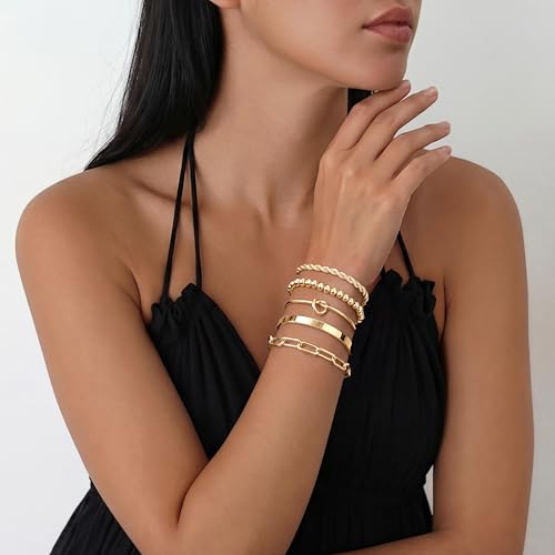 Gokeey Gold Bracelets Set for Women Non Tarnish, Waterproof 14K Gold Plated Sterling Silver Chunky Cuff Bracelet Stackable...