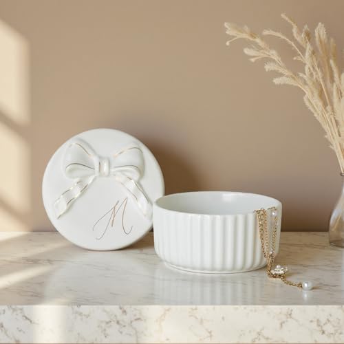 COLLECTIVE HOME Monogram Initial Jewelry Box with Bow - Elegant Ring Holder & Earring Dish | Christmas Gift Idea for Wome...