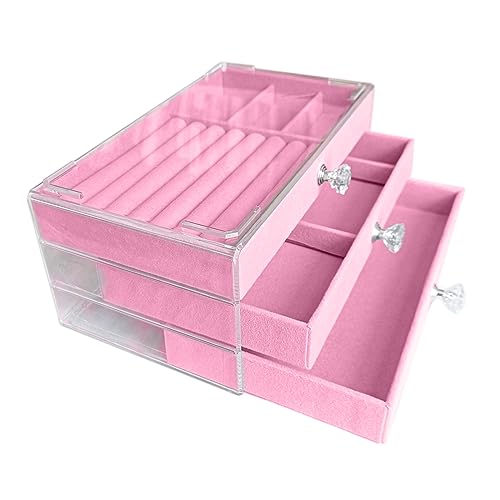 Jemjosh Clear Acrylic Velvet Jewelry Organizer with 3 Drawers, Stackable Display Storage Earrings Necklace Rings Bracelets...