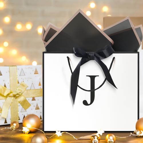 QLSKO Monogrammed Gift Wrap Bag Personalized Initial Paper Bag with Card Matching Envelope Sticker,Bow Ribbon and Wrapping...