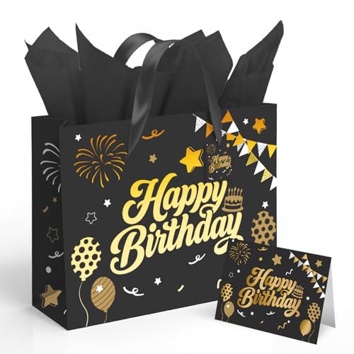 13” Black Birthday Gift Bag with Tissue Paper and Greeting Card, Happy Birthday Gift Bags for Party, Hot Foil Stamping Des...