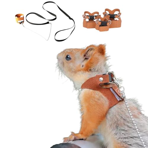 3 Pack Squirrel Harness and Leash Set - Adjustable Soft Leather & Traction Rope Strap Anti-Biting Chainfor Small Pet Walk ...