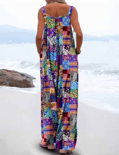 YESNO Women's Summer Casual Overalls Loose Wide Leg Jumpsuits Boho Floral Printed Baggy Rompers with Pockets PZH