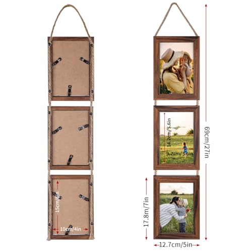 Lavezee 4x6 Collage Triple Picture Frames Set, Walnut Brown 6 Opening Hanging Vertical Frame Made to Display 4 by 6 Inch P...