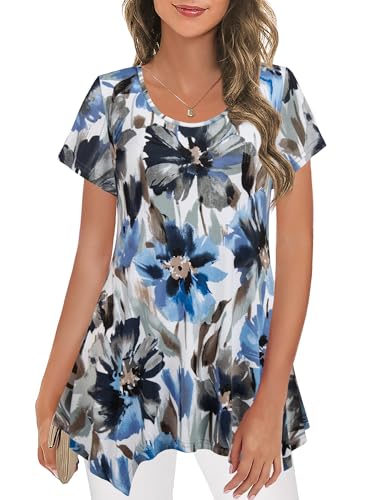 Nandashe Women Short Sleeves Tunic Shirts Casual Scoop Neck Floral Irregular Hem Blouses Tops